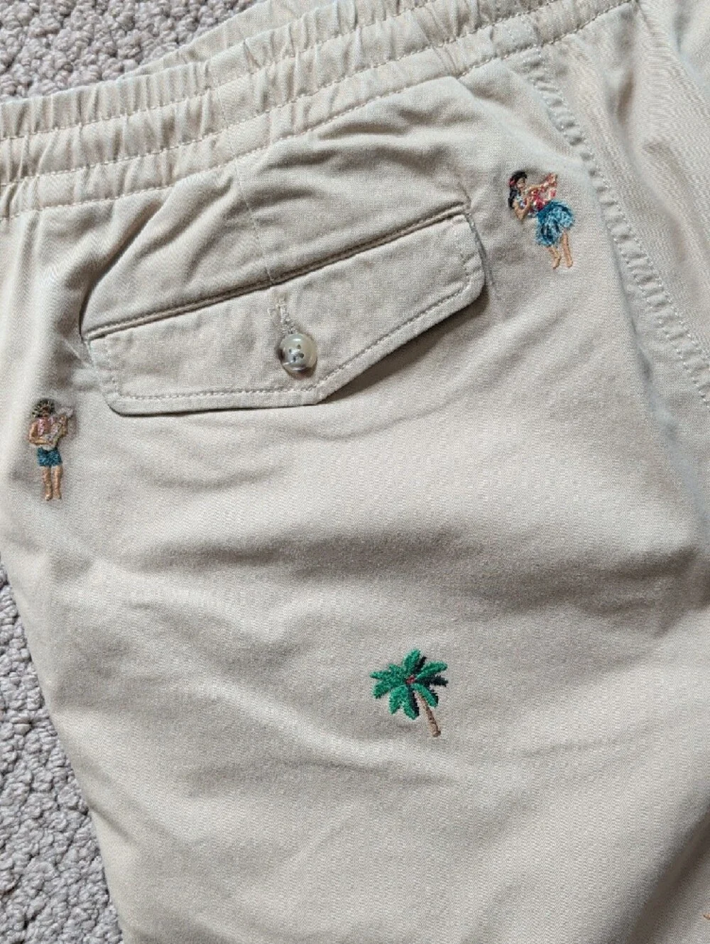 Polo Ralph Lauren Embroidered Hawaiian Khaki Elastic Waist Shorts Preppy L